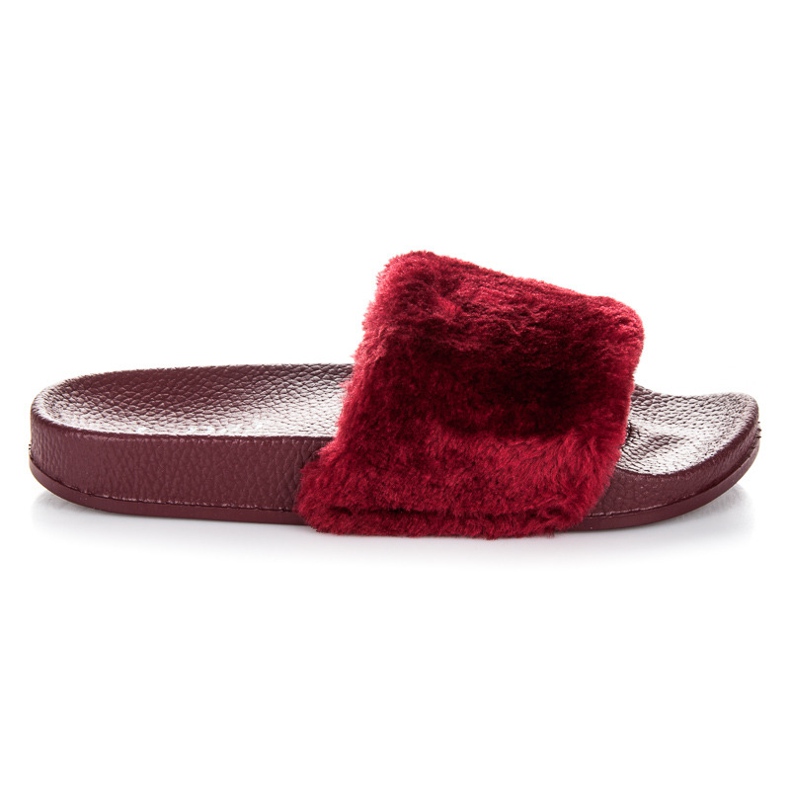 L. Day Bordowe Klapki Z Futerkiem czerwone
