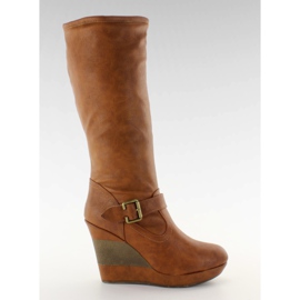 Kozaki koturn dzielony obcas 888-57 camel brązowe wielokolorowe