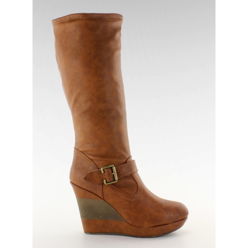 Kozaki koturn dzielony obcas 888-57 camel brązowe wielokolorowe