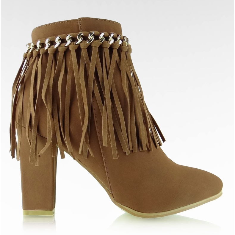 Botki frędzle na szerokim obcasie Camel brązowe