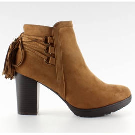 Botki na obcasie ozdobne sznurowanie Camel brązowe