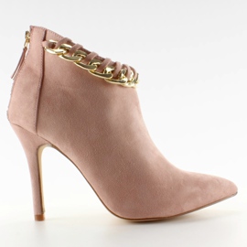 Botki na szpilce z łańcuszkiem pink suede różowe