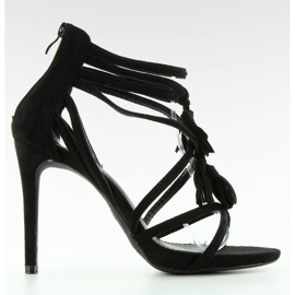 Sandałki na szpilce z frędzelkami black czarne