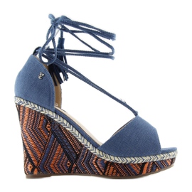 Sandały Koturno Wiązane Na Kostkę 2075 niebieskie