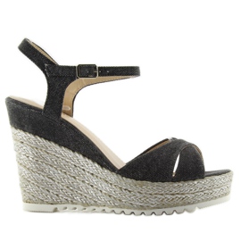 Płócienne sandałki na koturnie TS-8 black czarne