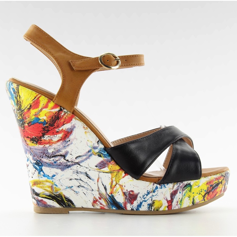 Sandałki na malowanym koturnie LM-521 black czarne brązowe