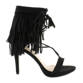 Sandałki na obcasie z frędzlami 8125 Black czarne