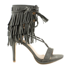 Sandałki na obcasie z frędzlami 8125 Grey szare