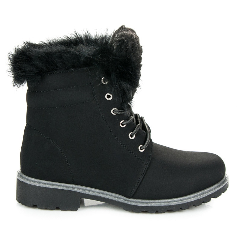 Sznurowane Traperki Z Futerkiem czarne