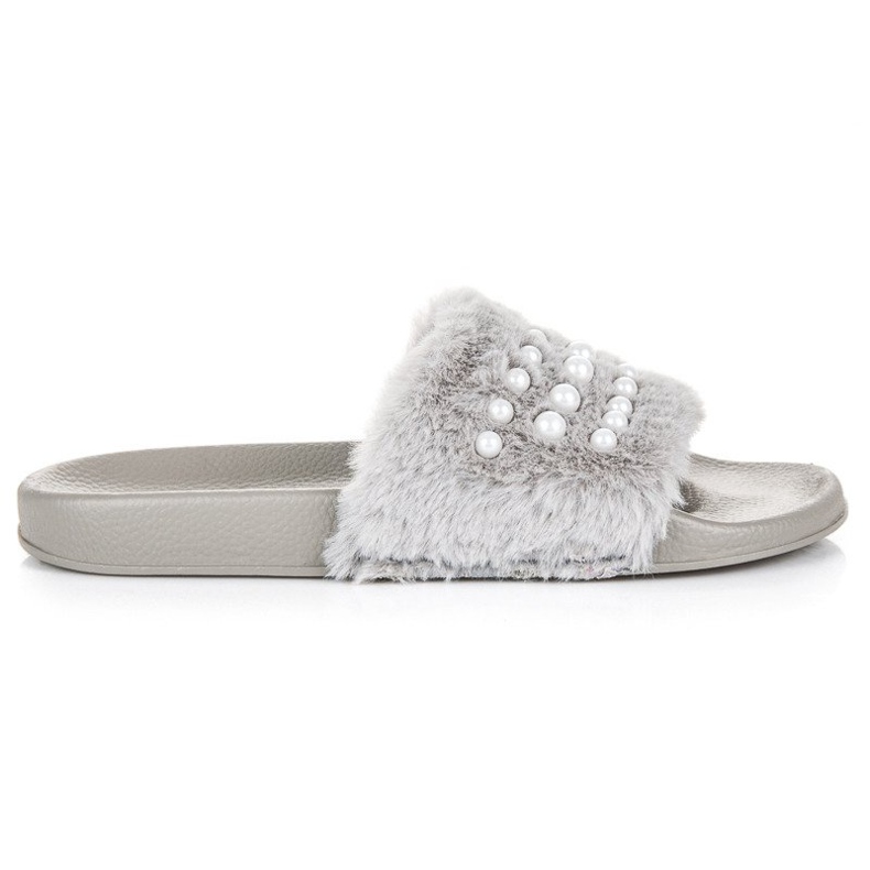 Klapki z futerkiem i perełkami szare