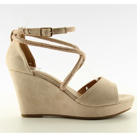 Sandałki na koturnie F162 beige - ii gat beżowy