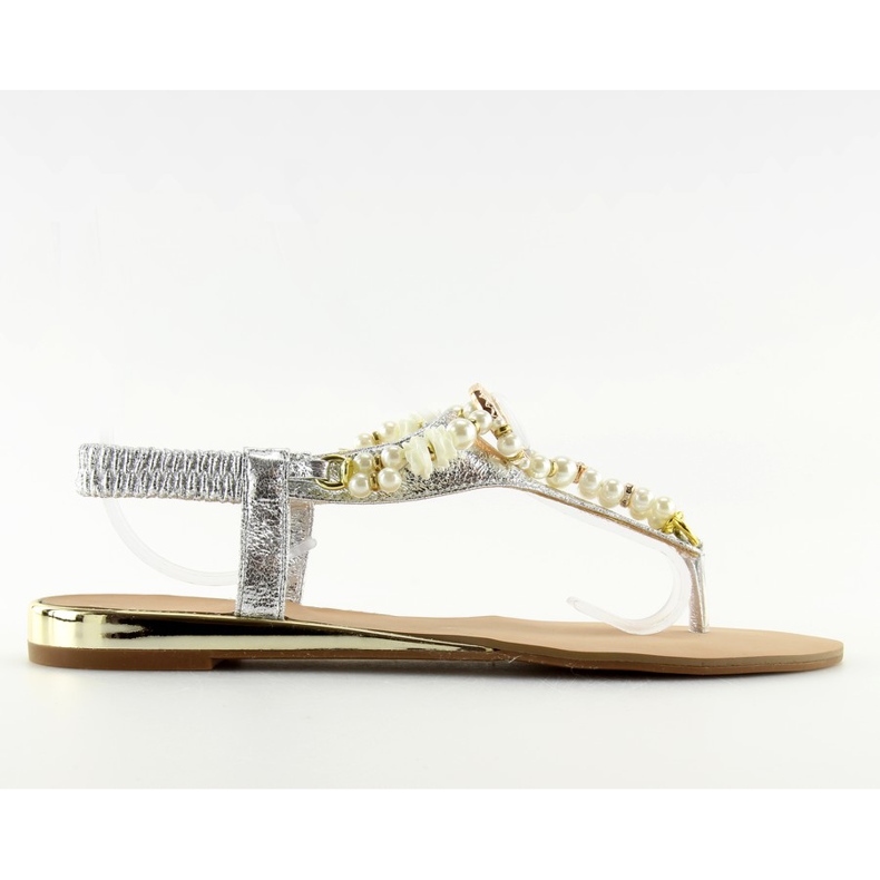 Sandałki z perełkami srebrne D580 silver szare