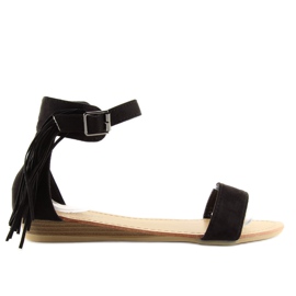 Sandałki damskie z frędzlem czarne black