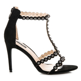 Sandały na szpilce z dżetami czarne