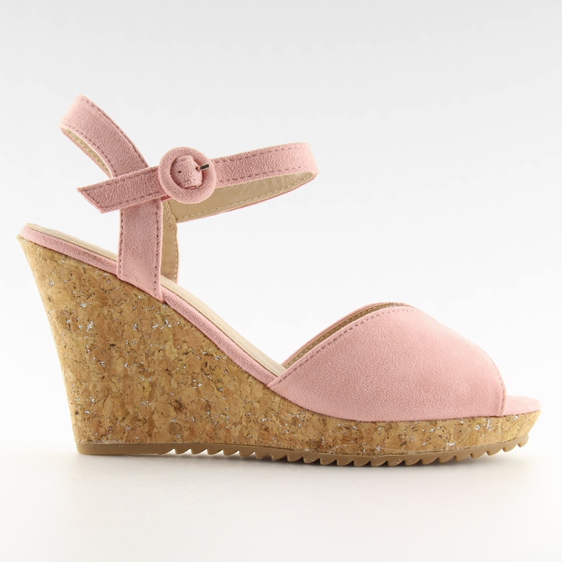 Sandałki na korkowym koturnie różowe 3811