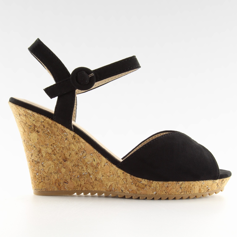 Sandałki na korkowym koturnie czarne 3811