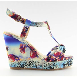 Atłasowe sandałki na koturnie 903 blue niebieskie