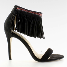 Sandałki z frędzlami etniczny wzór GD-16-5247 Black czarne