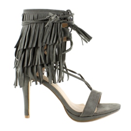 Sandałki na obcasie z frędzlami 8125 Grey szare