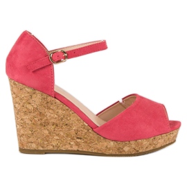 Super Me Sandały na korkowej koturnie różowe