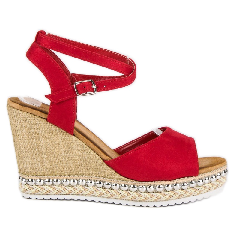 Best Shoes Sandały na koturnie czerwone