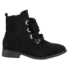 Zamszowe Sznurowane Botki czarne