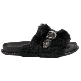 Modne Klapki Z Futerkiem czarne