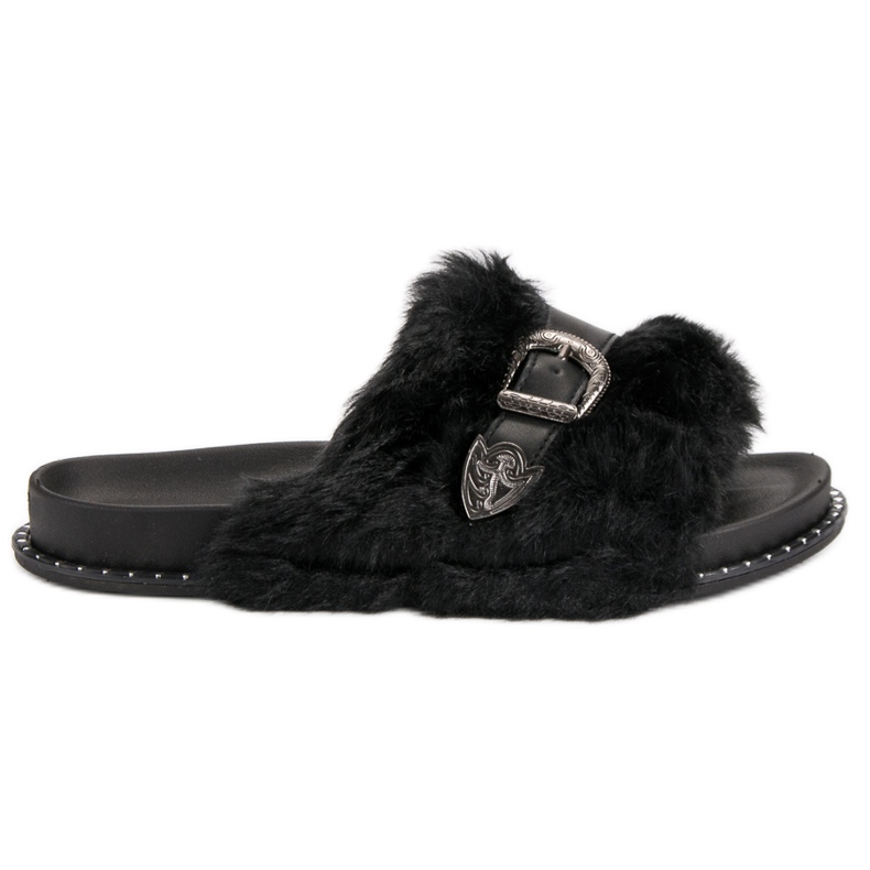 Modne Klapki Z Futerkiem czarne