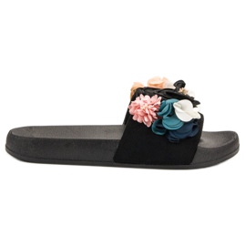 SHELOVET Czarne Klapki Z Kwiatami