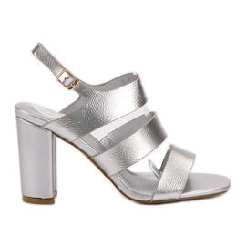 SHELOVET Srebrne Sandały Na Słupku szare