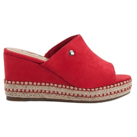 Best Shoes Klapki Na Koturnie czerwone