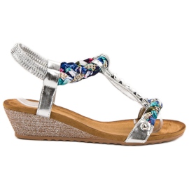 SHELOVET Zdobione Sandały Na Koturnie szare wielokolorowe