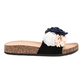 SHELOVET Zamszowe Klapki Z Kwiatami czarne