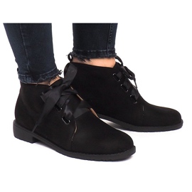 Zamszowe Botki Kokardki 100-815 Czarny czarne