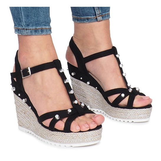 Czarne sandały na koturnie espadryle Chillin