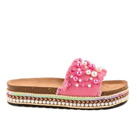 Różowe zdobione klapki perełki 1035
