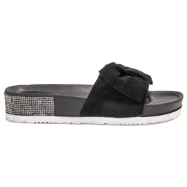 SHELOVET Zamszowe Klapki Z Cyrkoniami czarne