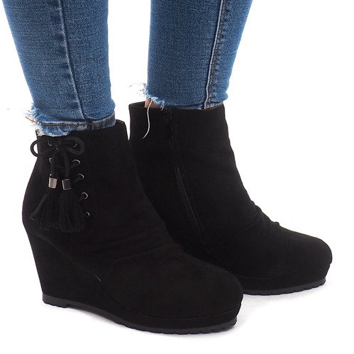 Ocieplane Botki Na Koturnie 778-KA Czarny czarne