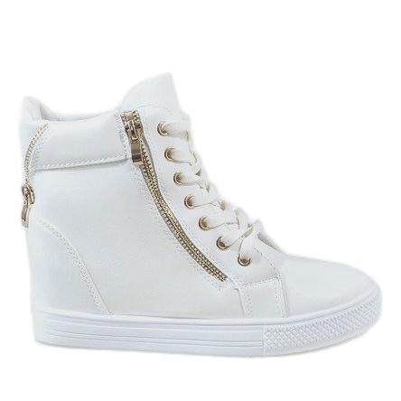 Białe sneakersy na koturnie złoty suwak DD477-2