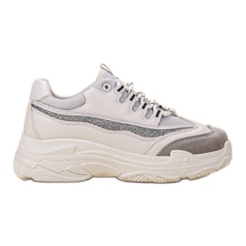 SHELOVET Sneakersy Z Brokatem białe szare