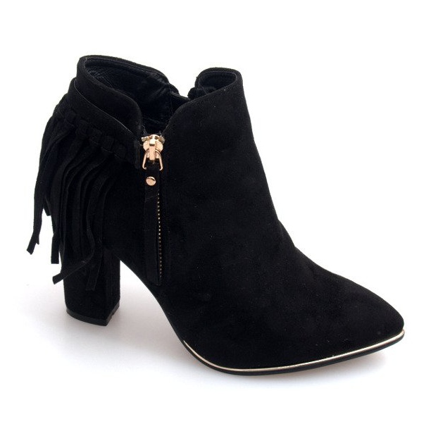 Zamszowe Botki Na Obcasie Z Gumką A989 Czarny czarne