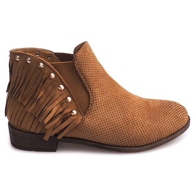 Ażurowe Botki Boho Frędzle 3576 Camel brązowe