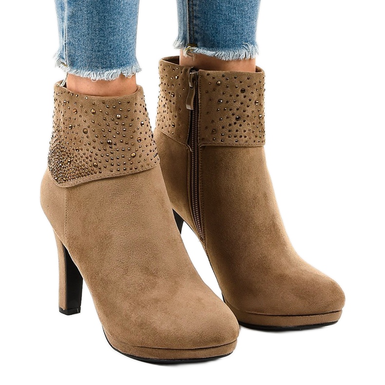 Khaki zamszowe botki na słupku SQ15 wielokolorowe zielone