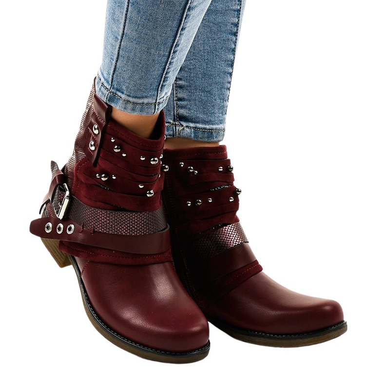 Bordowe botki ocieplane bogato zdobione A-351 czerwone