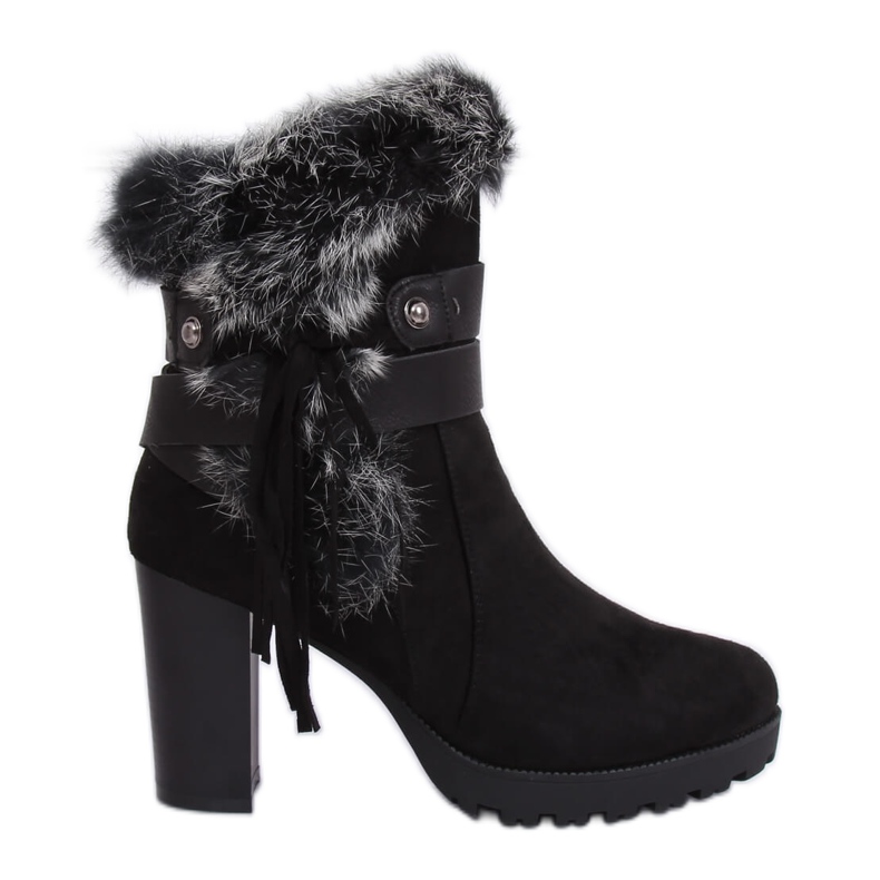 Botki na obcasie z futerkiem czarne SP05 Black