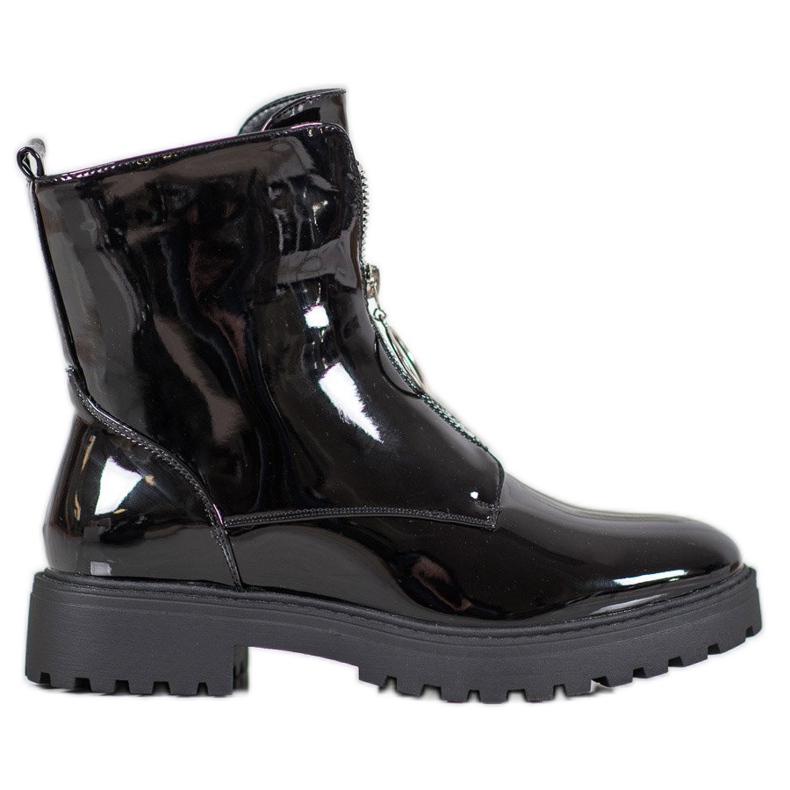 SHELOVET Workery Z Lakierowanej Eko Skóry czarne