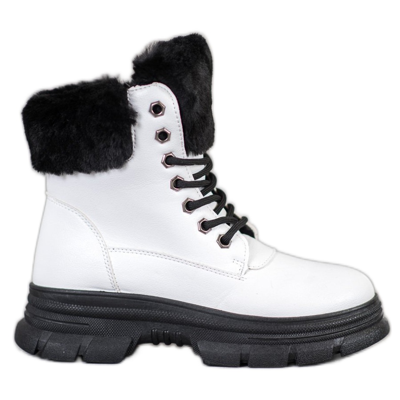 SHELOVET Sznurowane Workery Z Futerkiem białe