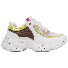 SHELOVET Sneakersy Z Cekinami Na Platformie białe żółte