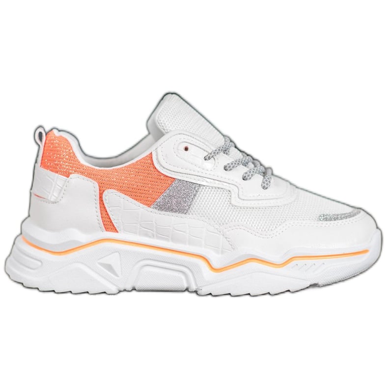 SHELOVET Sneakersy Na Platformie Z Brokatem białe pomarańczowe