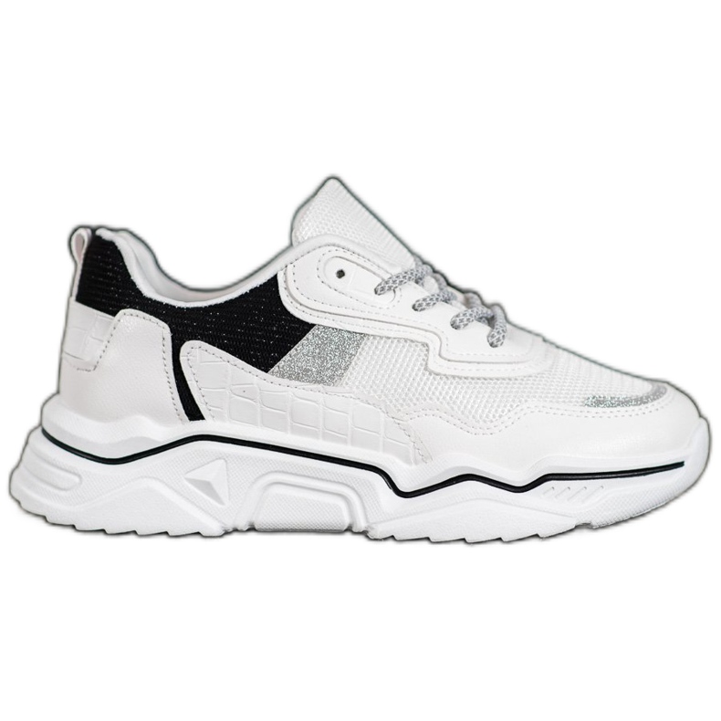 SHELOVET Sneakersy Na Platformie Z Brokatem białe czarne
